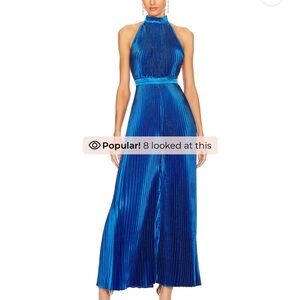 L’idee Cinema Pleated Open Back Halter Jumpsuit in Moroccan Blue Size Large